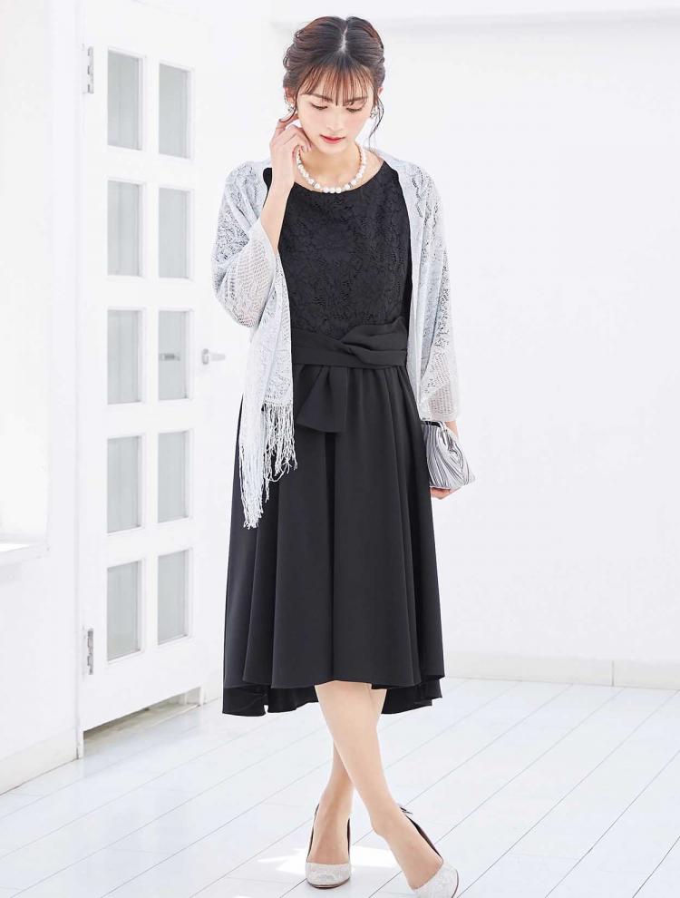 【M】レーストップスミディ丈ドレス（ブラック）DPSET0200