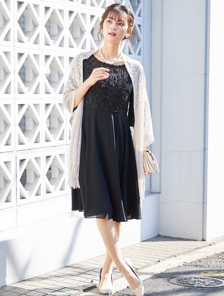 【M】レース切替バルーンスリーブドレス（ネイビー）DPSET0208