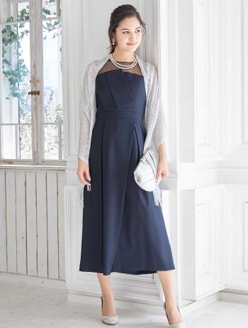 【M】ビスチェ風オーガンジー切替パンツドレス（ネイビー）DPSET0211