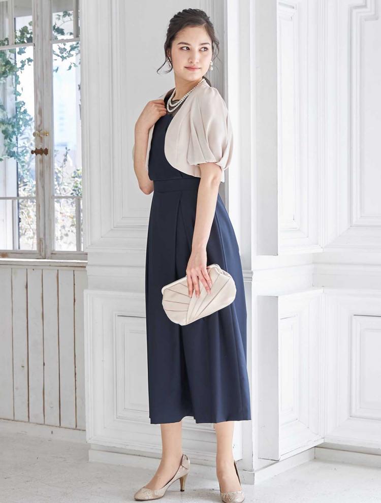 【M】ビスチェ風オーガンジー切替パンツドレス（ネイビー）DPSET0212