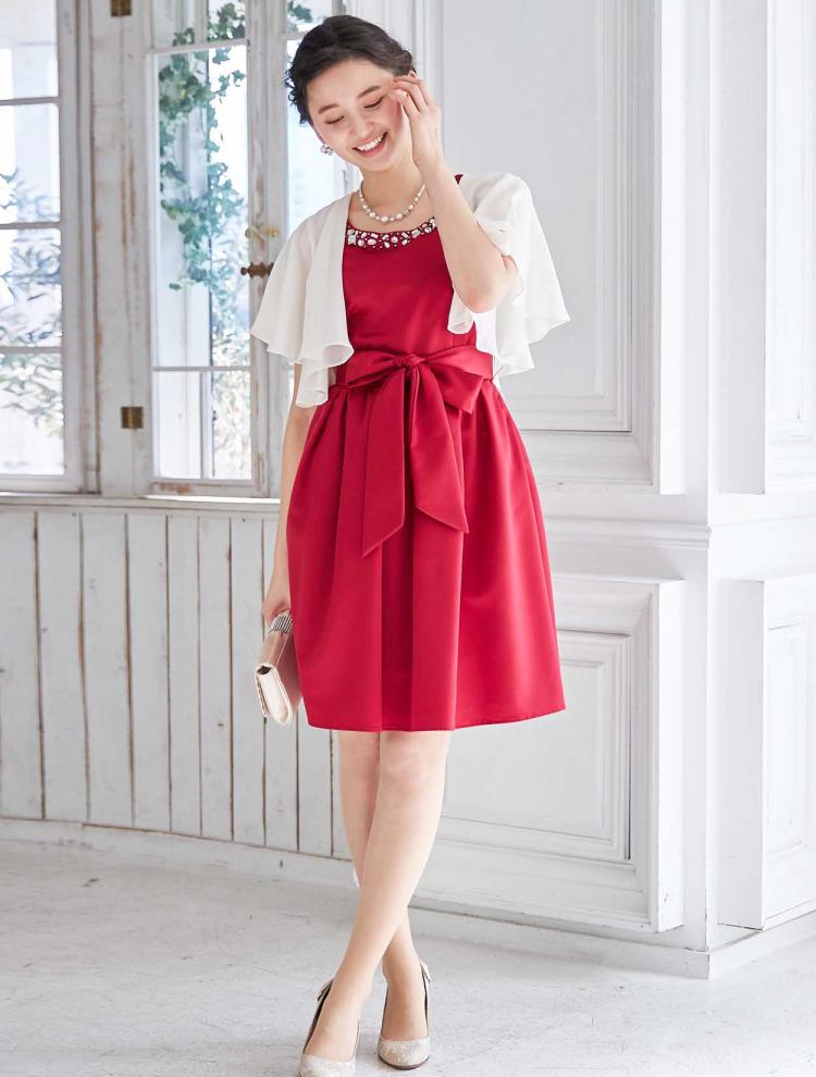 【S～L】クリスタルビジュー付きレースアップドレス（レッド）DPSET0213