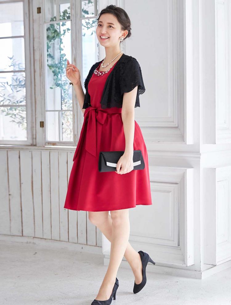 【S～L】クリスタルビジュー付きレースアップドレス（レッド）DPSET0214