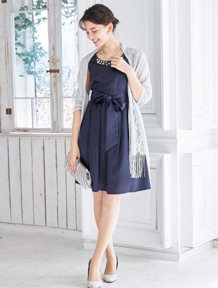 【S～L】クリスタルビジュー付きレースアップドレス（ネイビー）DPSET0215