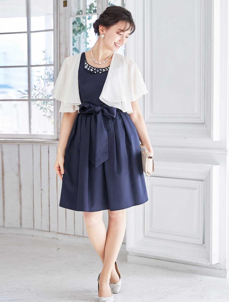 【S～L】クリスタルビジュー付きレースアップドレス（ネイビー）DPSET0216