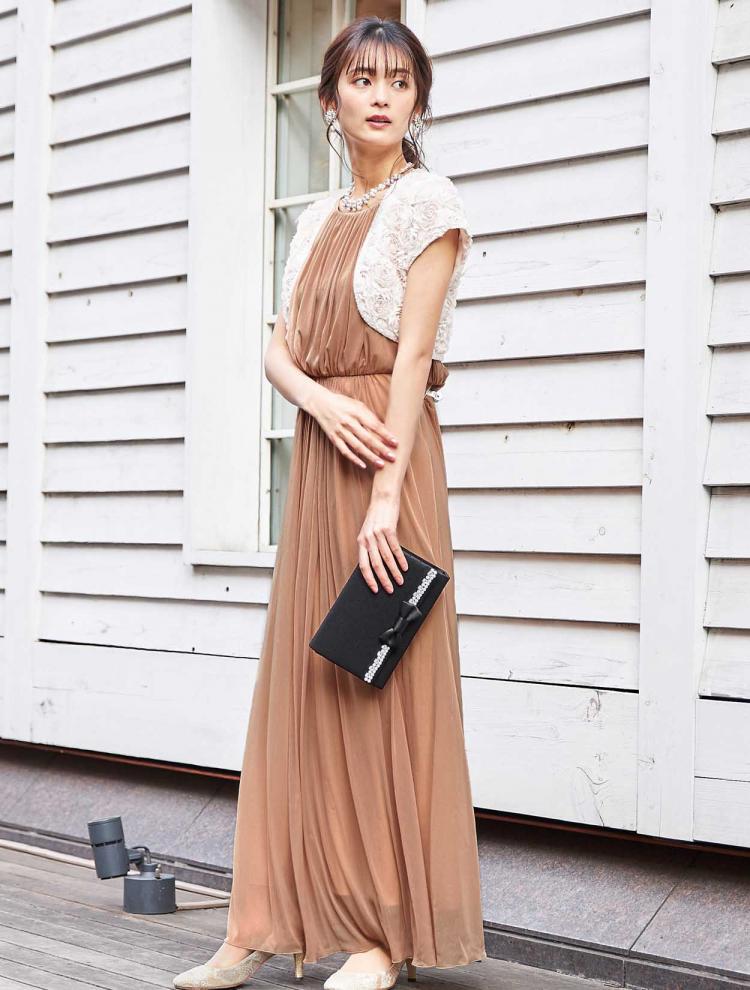 【M】エスパンディロングドレス（ベージュ）DPSET0218