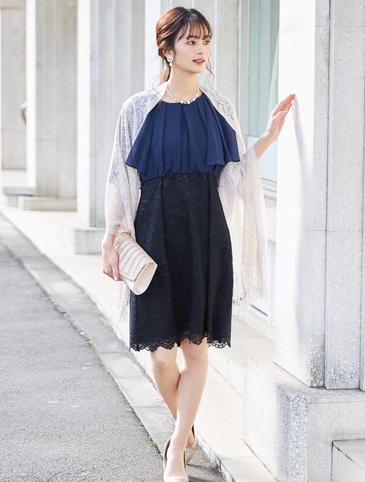 【M】ケープ風シフォン×レース切替ドレス（ネイビー）DPSET0219
