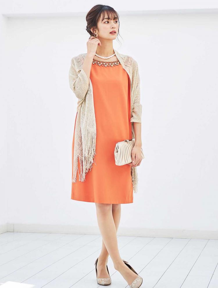 【M】ビジュー付きサックドレス（オレンジ）DPSET0224