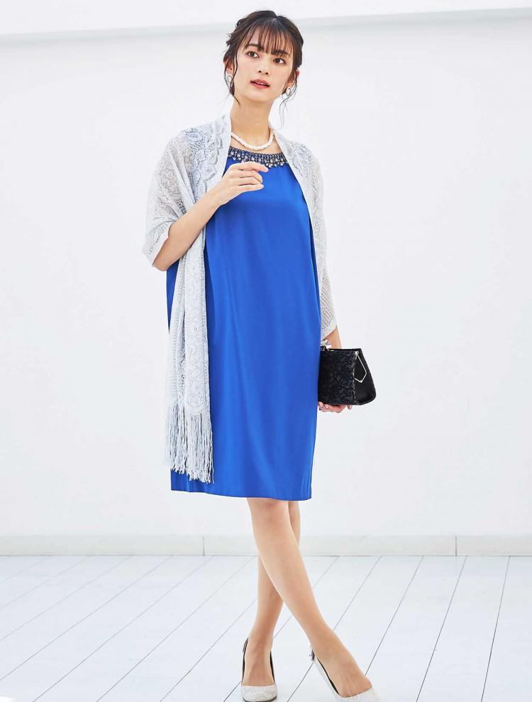 【L】ビジュー付きサックドレス（ブルー）DPSET0226