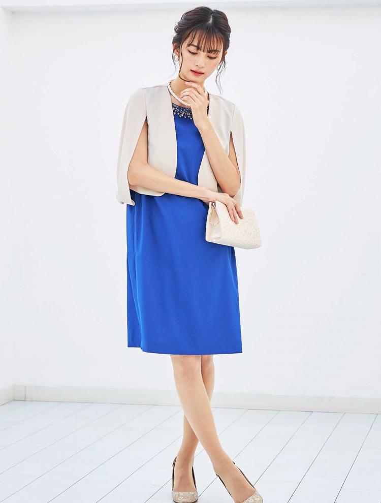 【L】ビジュー付きサックドレス（ブルー）DPSET0227