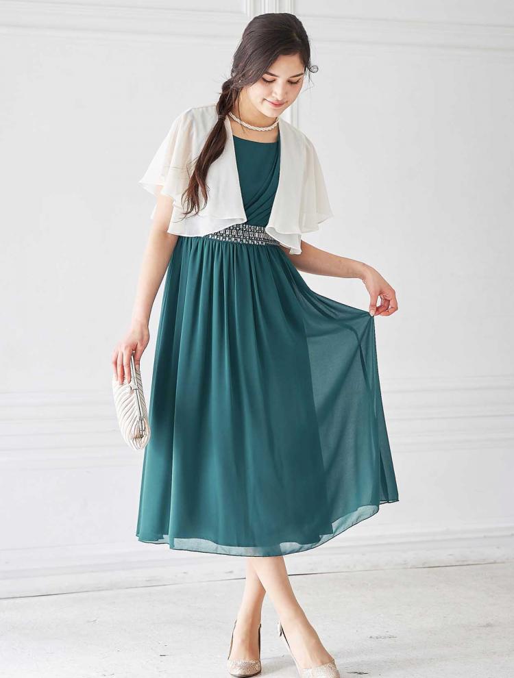 【M】ミディ丈カシュクールドレス（グリーン）DPSET0232