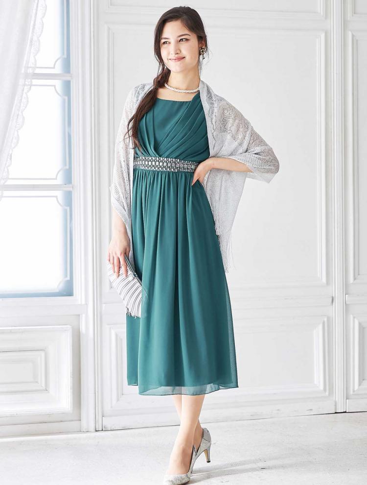 【M】ミディ丈カシュクールドレス（グリーン）DPSET0233