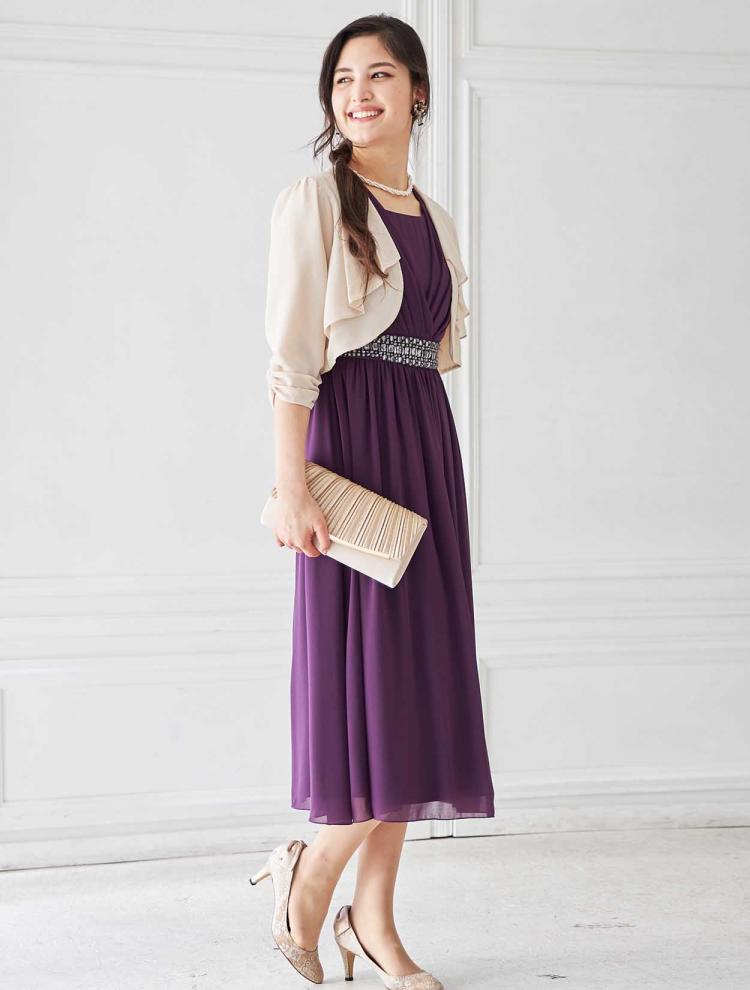 【M】ミディ丈カシュクールドレス（パープル）DPSET0234