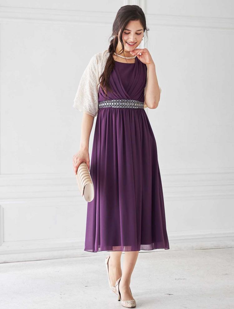 【M】ミディ丈カシュクールドレス（パープル）DPSET0235