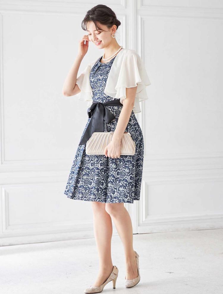 【SS～L】ジャガードレース柄レースアップドレス（ネイビー）DPSET0240