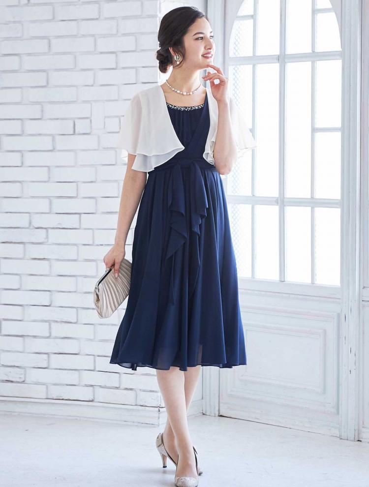 【M】ミディ丈衿パールラッフルドレス（ネイビー）DPSET0256