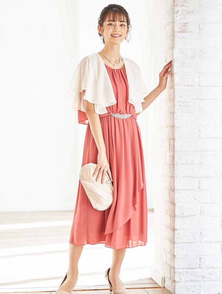 【M/L】ウエストビジューミディ丈ドレス(ピンク)DPSET0259