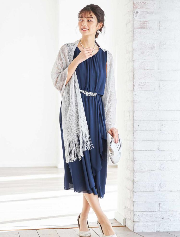 【M/L】ウエストビジューミディ丈ドレス(ネイビー)DPSET0260