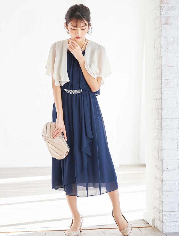 【M/L】ウエストビジューミディ丈ドレス(ネイビー)DPSET0261