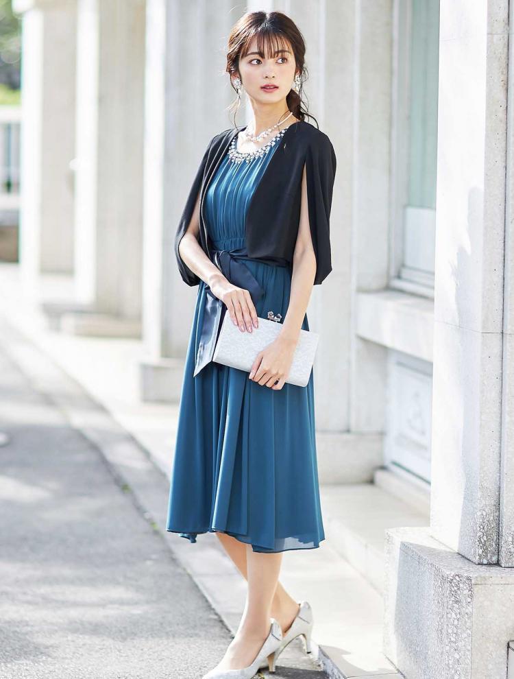 【M/L】襟パールギャザーミディ丈ドレス（ブルー）DPSET0264