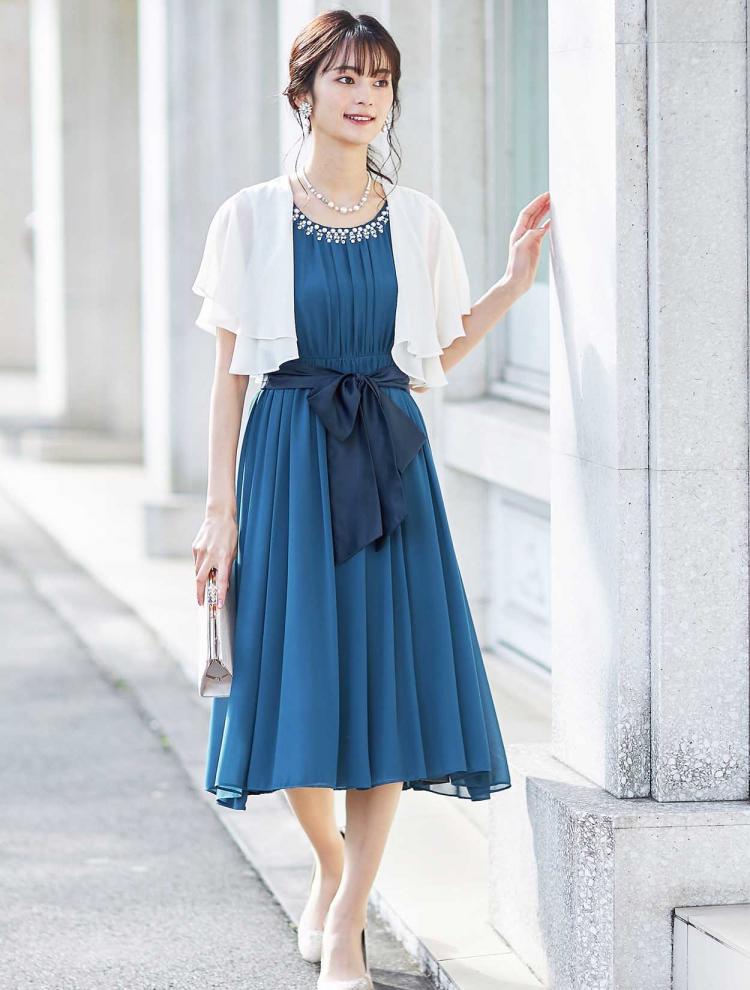 【M/L】襟パールギャザーミディ丈ドレス（ブルー）DPSET0265