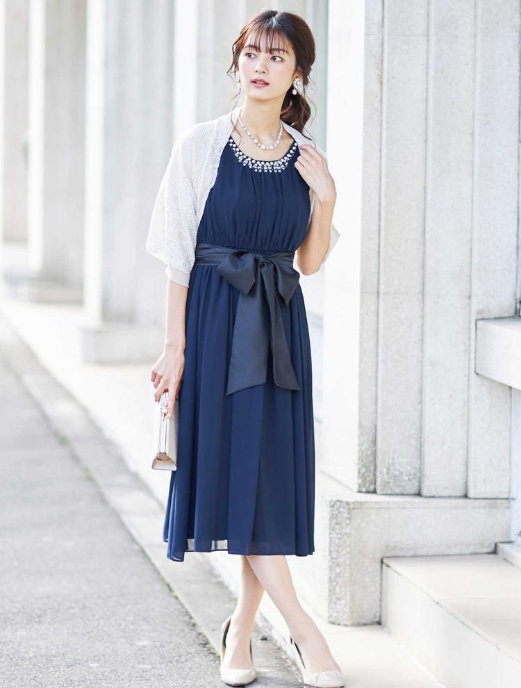 【M/L】襟パールギャザーミディ丈ドレス（ネイビー）DPSET0266