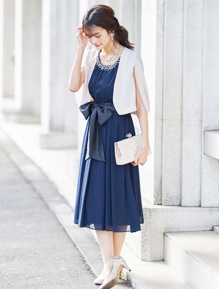 【M/L】襟パールギャザーミディ丈ドレス（ネイビー）DPSET0267