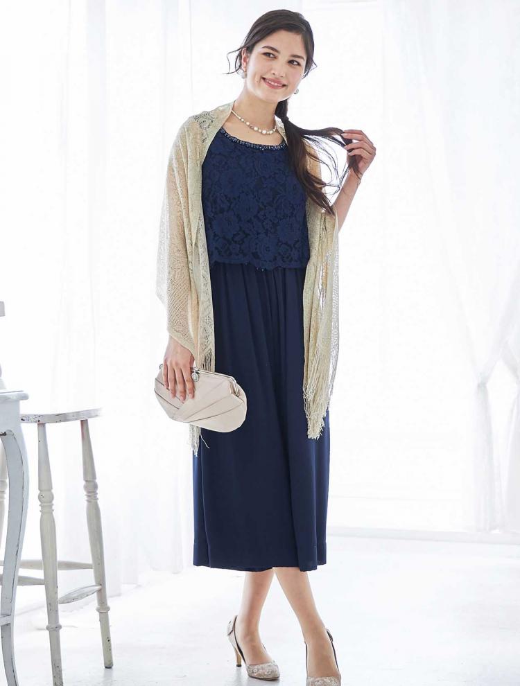 【M】レース×ジョーゼットパンツドレス（ネイビー）DPSET0274