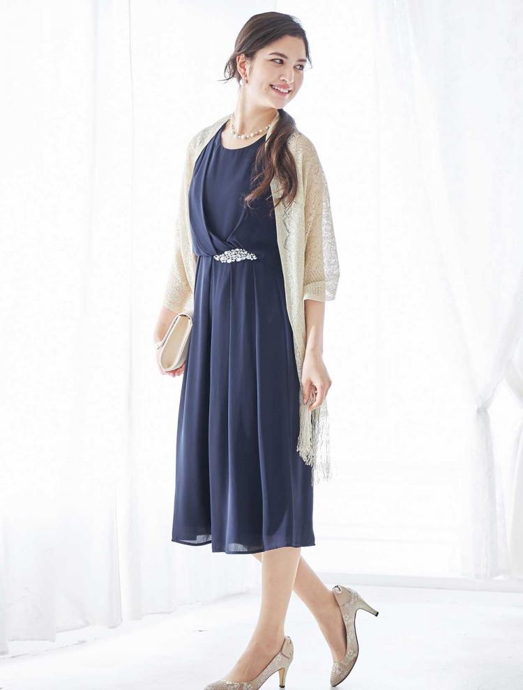 【M】シフォンビジューパンツドレス（ネイビー）DPSET0279