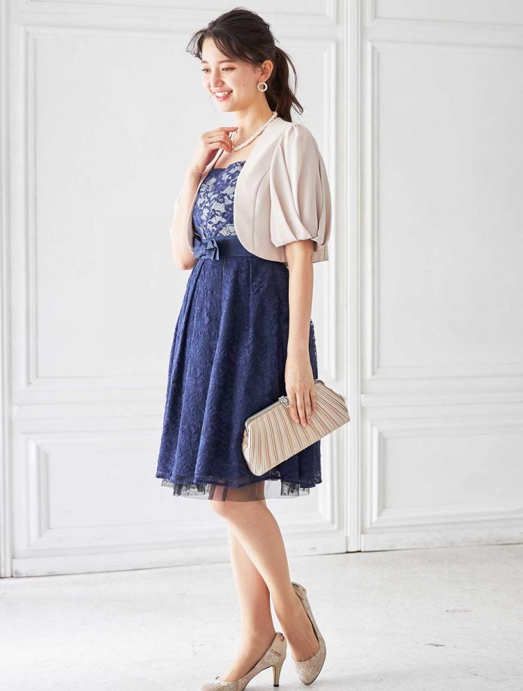 【SS～L】レースアップフラワーレースドレス（ネイビー）DPSET0282