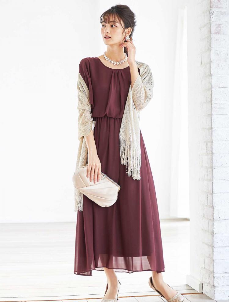 【M/L】袖スリットレースロングドレス（ボルドー）DPSET0284