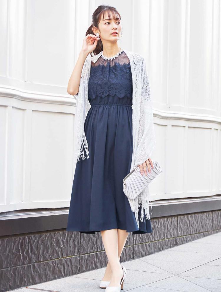 【M】ドットチュールハイウエストドレス（ネイビー）DPSET0292