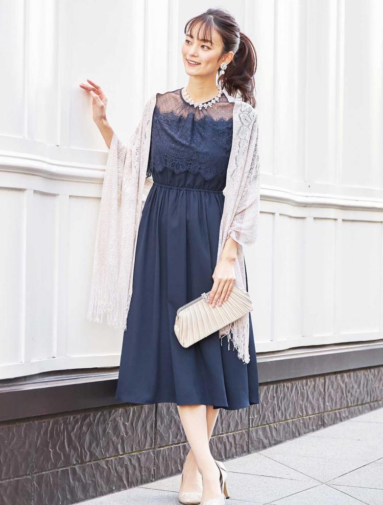 【M】ドットチュールハイウエストドレス（ネイビー）DPSET0293