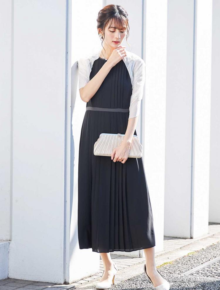 【M】配色パイピングプリーツドレス（ブラック）DPSET0296