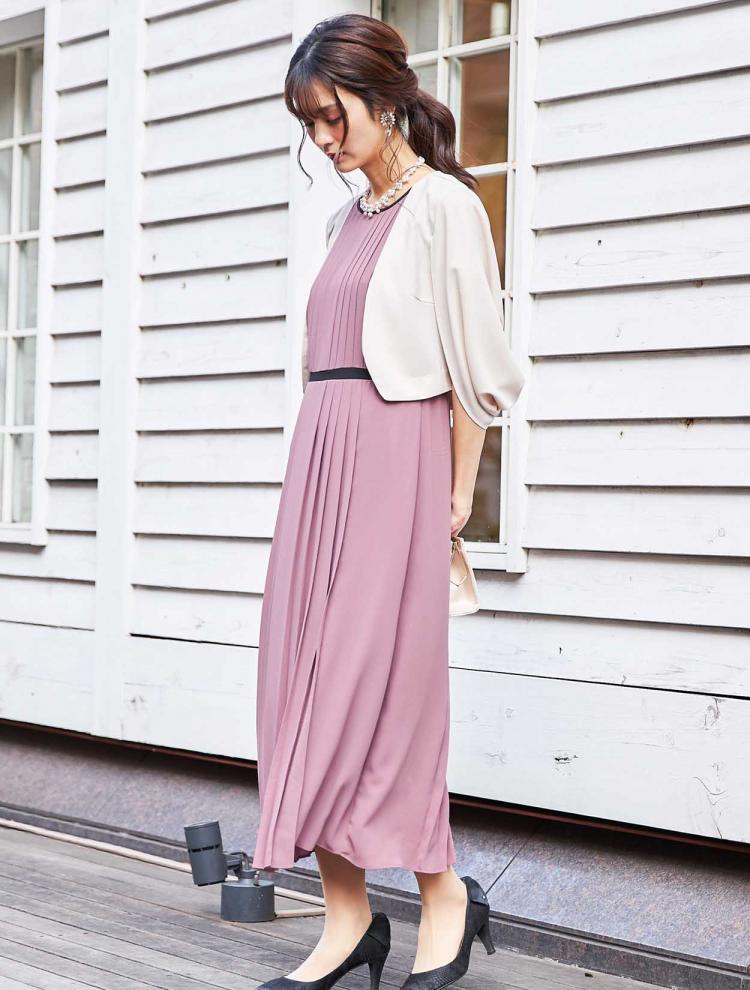 【M】配色パイピングプリーツドレス（ピンク）DPSET0297