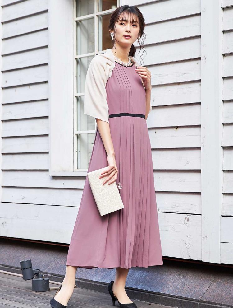【M】配色パイピングプリーツドレス（ピンク）DPSET0298