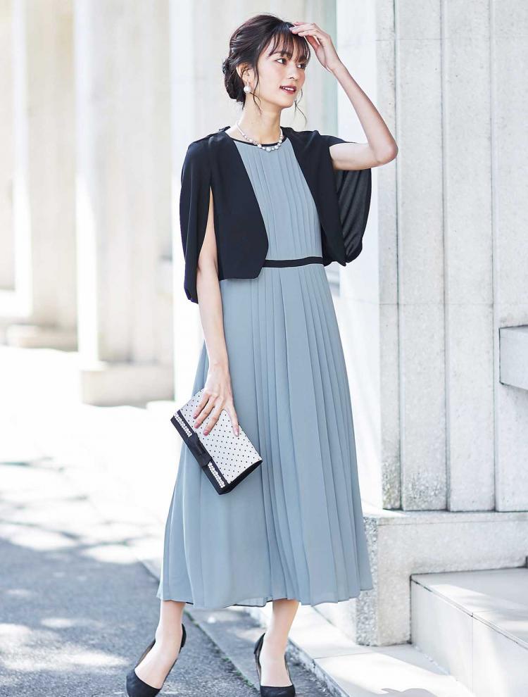 【M】配色パイピングプリーツドレス（サックス）DPSET0302