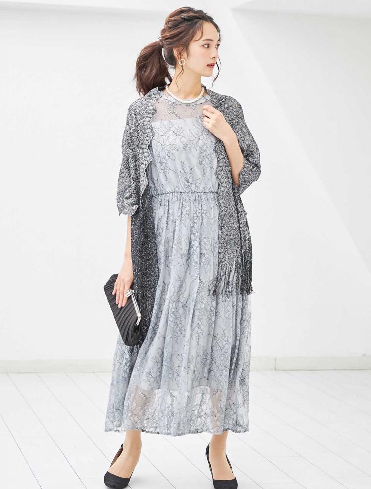 【M】フラワーレースロングドレス（グレー）DPSET0304