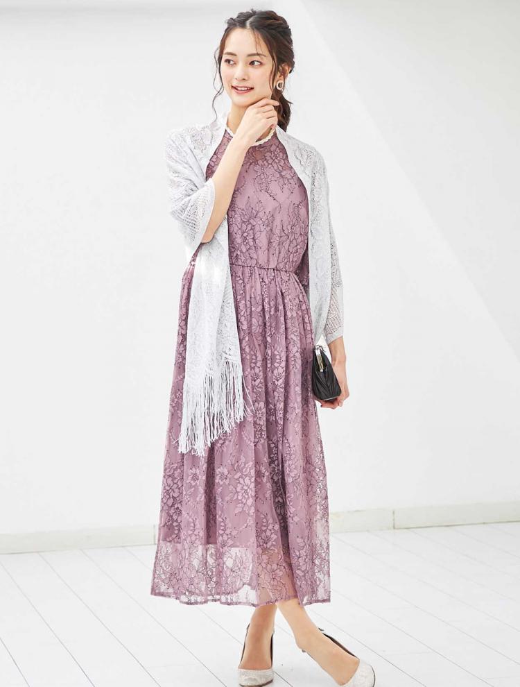 【M】フラワーレースロングドレス（ピンク）DPSET0307