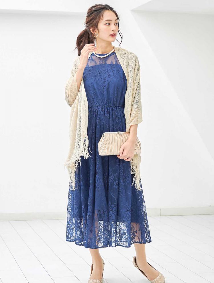 【M】フラワーレースロングドレス（ネイビー）DPSET0309