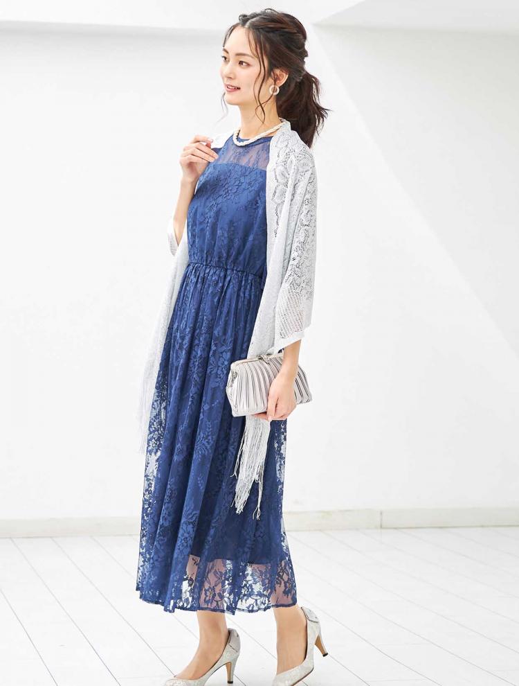 【M】フラワーレースロングドレス（ネイビー）DPSET0310