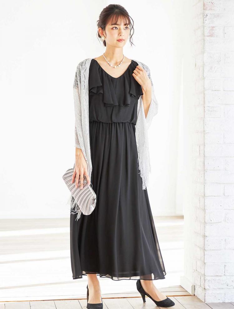 【M/L】ラッフルシフォンロングドレス（ブラック）DPSET0312