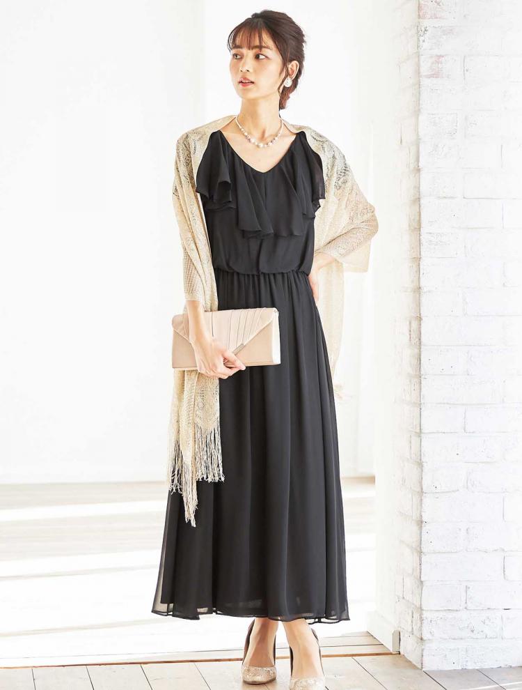 【M/L】ラッフルシフォンロングドレス（ブラック）DPSET0313