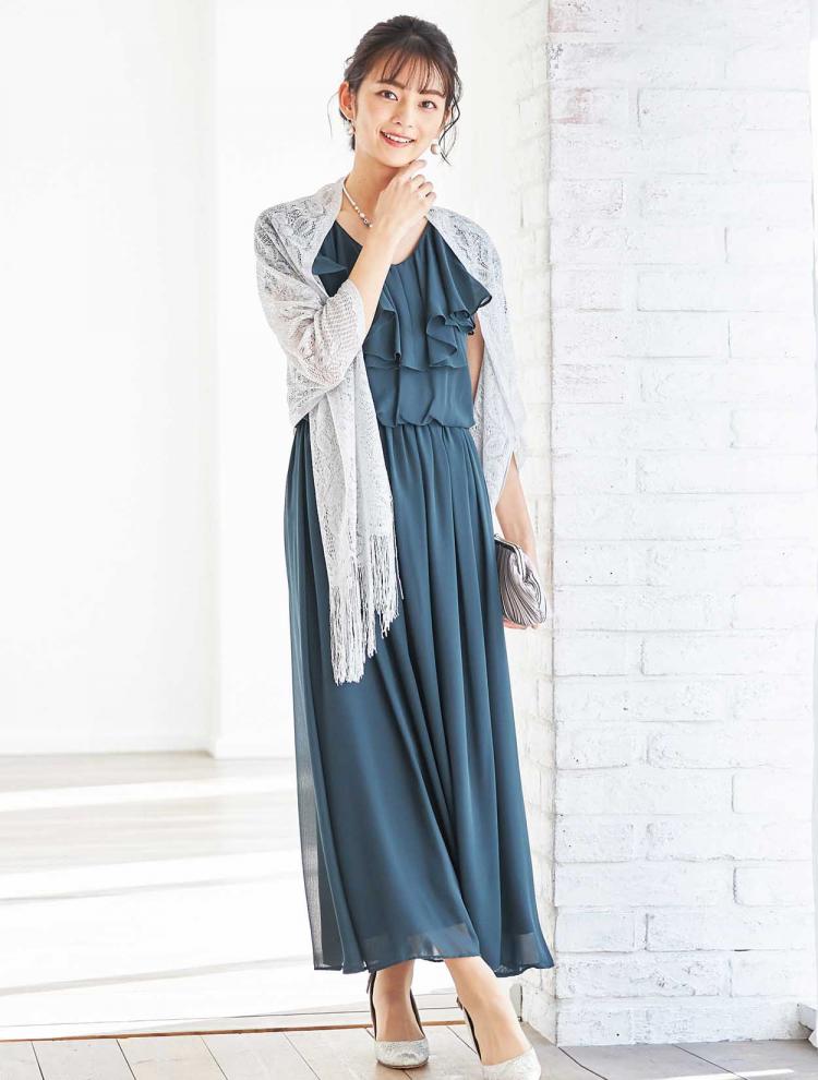 【M/L】ラッフルシフォンロングドレス（グリーン）DPSET0315