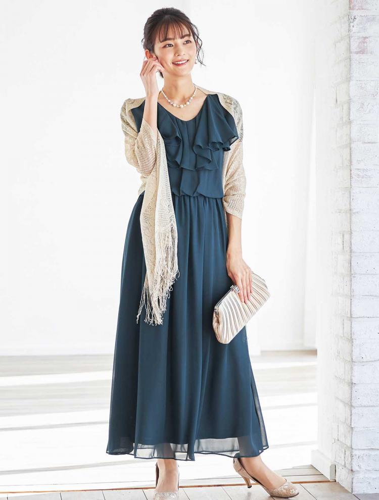【M/L】ラッフルシフォンロングドレス（グリーン）DPSET0316