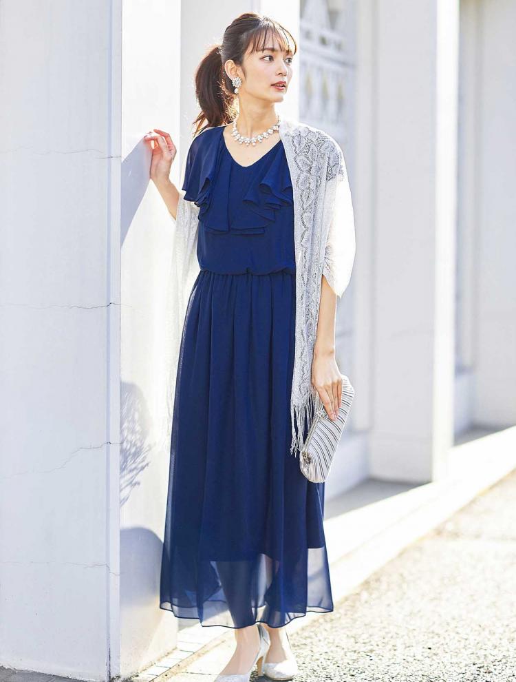 【M/L】ラッフルシフォンロングドレス（ブルー）DPSET0318