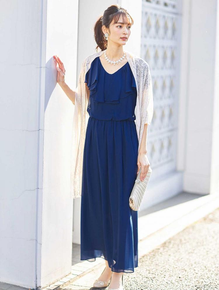 【M/L】ラッフルシフォンロングドレス（ブルー）DPSET0319