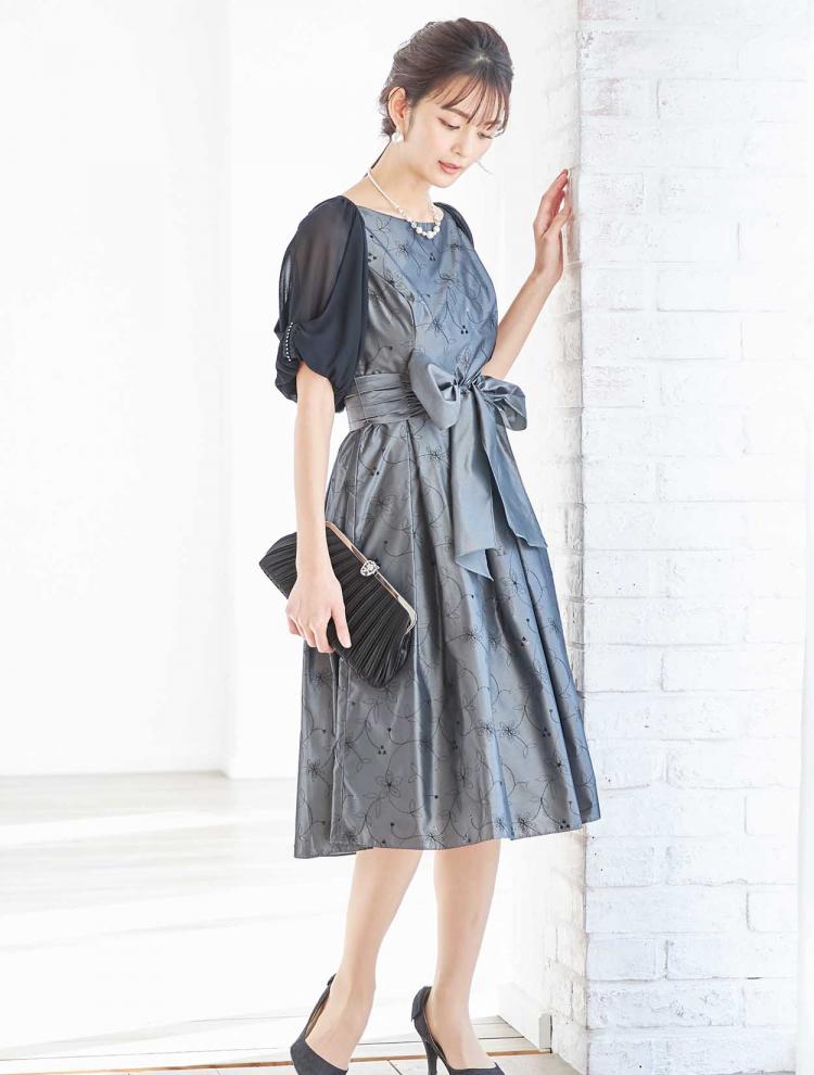 【M/L】シャンブレータフタ刺繍フィット＆フレアドレス（グレー）DPSET0327