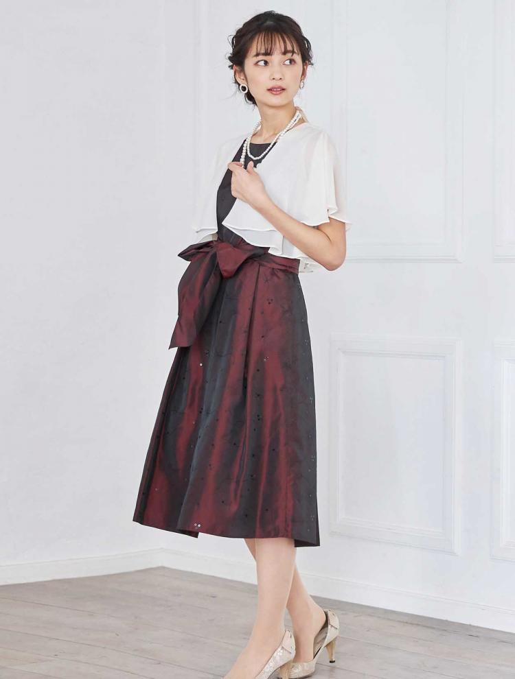 【M/L】シャンブレータフタ刺繍フィット＆フレアドレス（ボルドー）DPSET0330