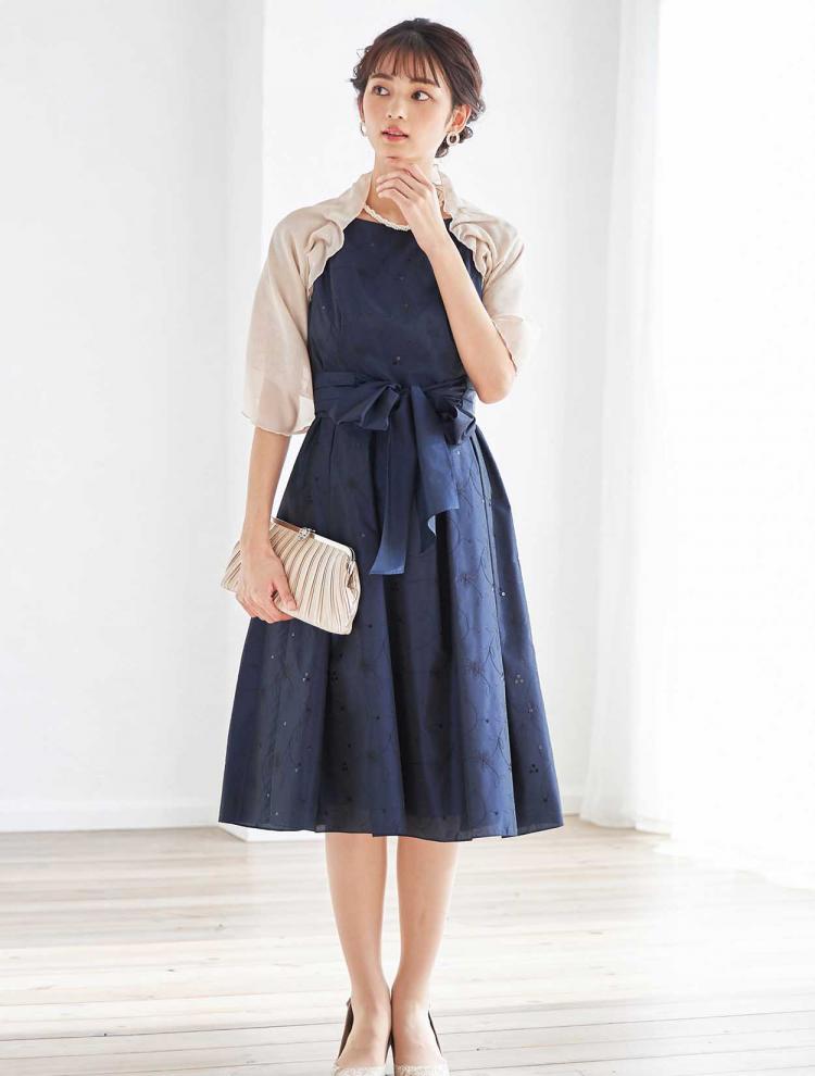 【M/L】シャンブレータフタ刺繍フィット＆フレアドレス（ネイビー）DPSET0334