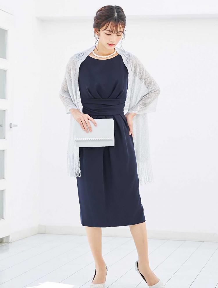 【M】丈長め上品コクーンレースアップドレス（ネイビー）DPSET0337